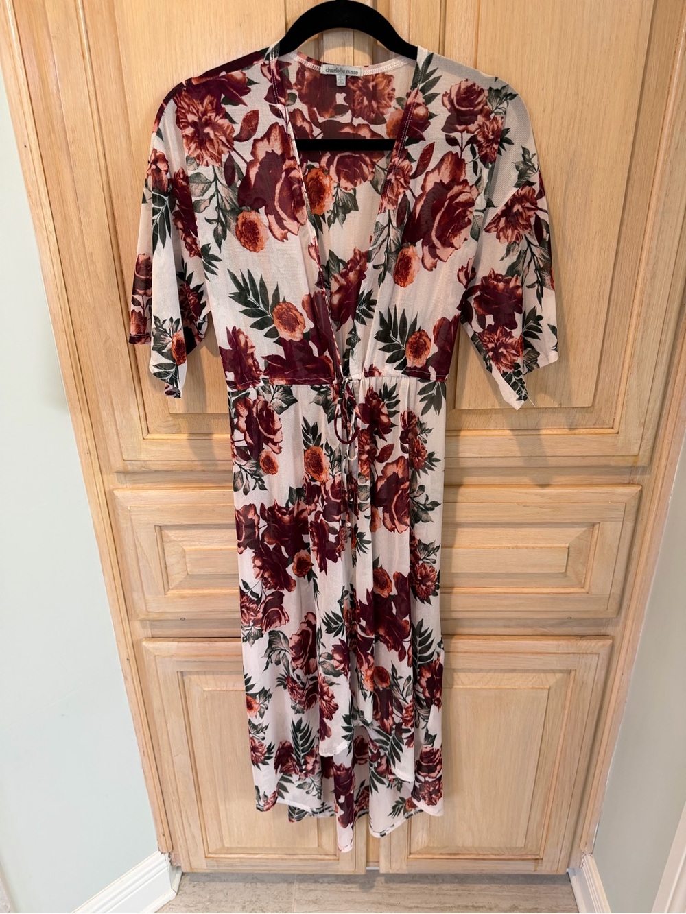 Charlotte Russe Burgundy Floral Kimono in Cream